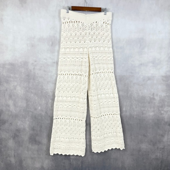 House Of Harlow Womens Set L Crochet Knit Ivory Wide Leg Boho Resort Coastal - Picture 3 of 10